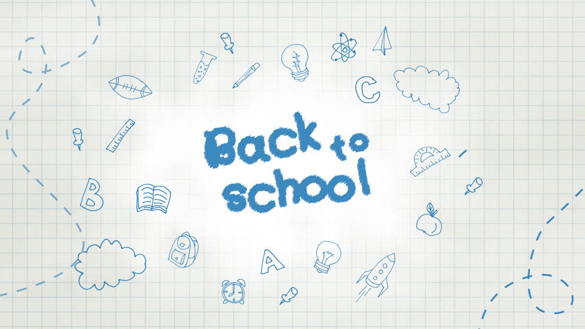 School banner with doodles drawn with pen on sheet of squared notebook paper. Hand drawn school supplies, stationery. Back to School loop animation.