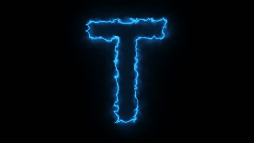 Windy blue neon T alphabet animation, glowing capital letters on black background, fire text motion, 4K font effect