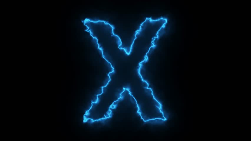 Windy blue neon X alphabet animation, glowing capital letters on black background, fire text motion, 4K font effect