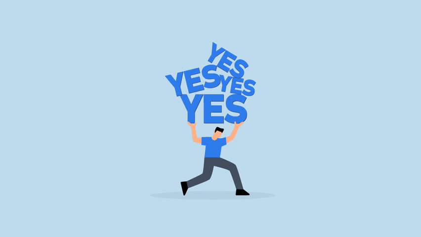 Stop always saying yes, 4k animation of hard working businessman who carried the heavy burden of saying yes, agreed to help with other colleagues