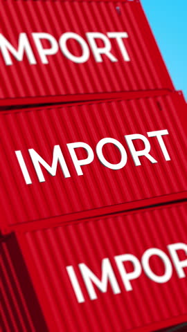 Red shipping containers IMPORT Text symbolizing global trade and logistics