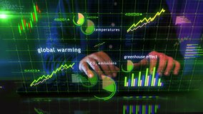 Global warming and climat change charts and graphs diagram with man typing computer keyboard. Digital analysis and report on 3d screen display. - Powered by Shutterstock - Get 15% off with code: PIKWIZARD15