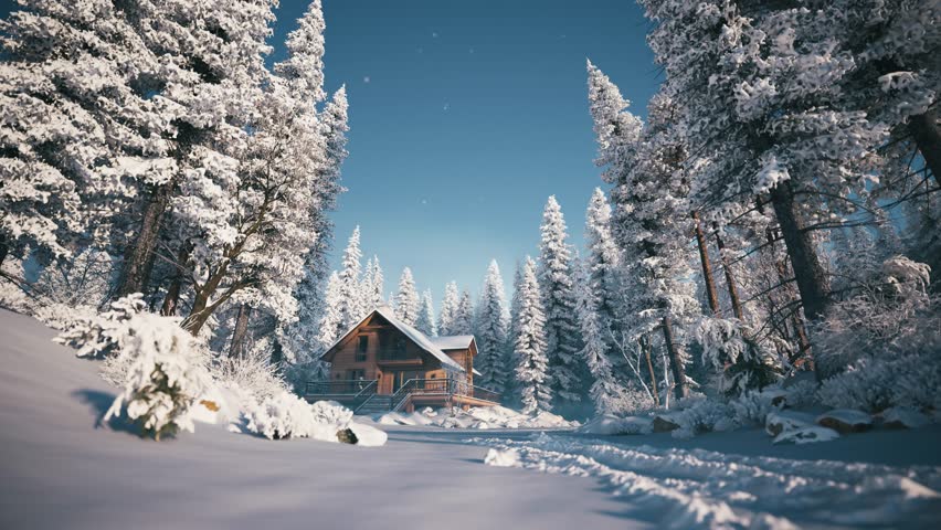 Snow Covered Wooden Cabin in Winter Pine Forest – Realistic Alpine Animation. Wooden village rural house. Winter forest in mountains. Winter landscape with wooden house
