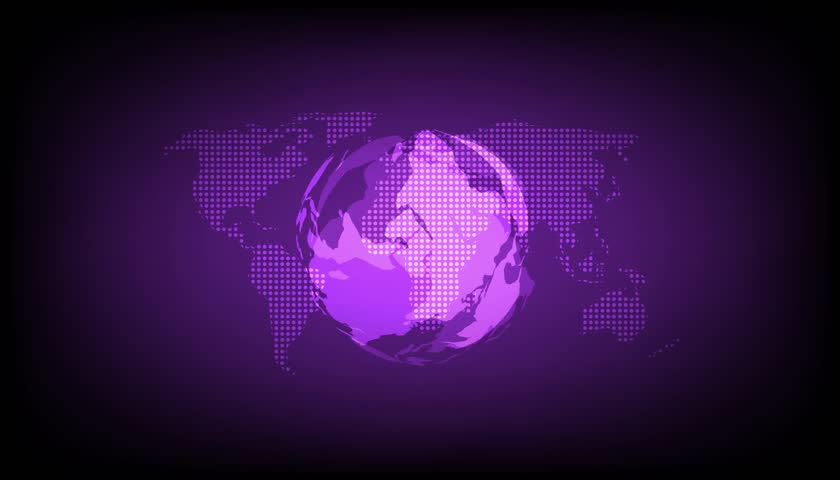 A mesmerizing and seamless looping motion graphic featuring a polygonal purple globe rotating against a dotted world map background. A bright, horizontal light beam scans the globe, creating a dynamic - Powered by Shutterstock - Get 15% off with code: PIKWIZARD15