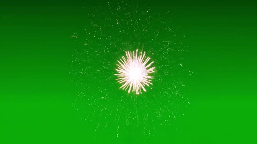 Golden firework explosion with radial lines on a vibrant green screen background display effect
