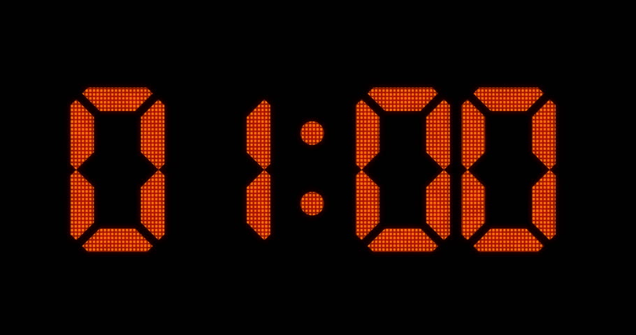 Vintage LED digital clock one minute countdown timer, counting from one one minute to zero, 60 second countdown, retro style clock, black background footage