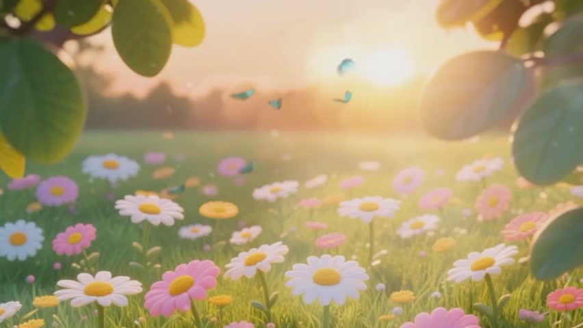 beautiful daisy flower field with butterflies for background 