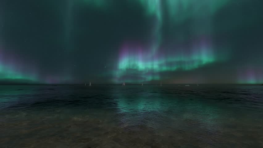 Northern lights over the sea boats 4k. 3D Illustration