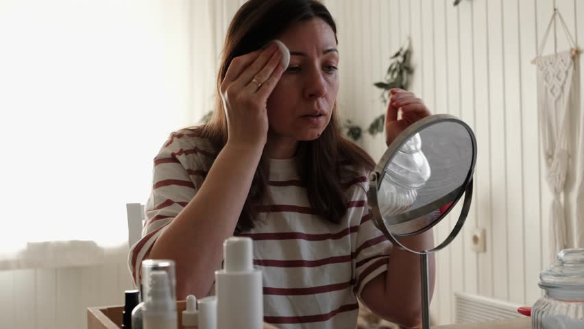 Attractive brunette mid adult woman putting on makeup looking in the mirror. Beautiful lady caring her face. 40 years old female applied cosmetics. Natural beauty and aging concept. Skin care, make-up