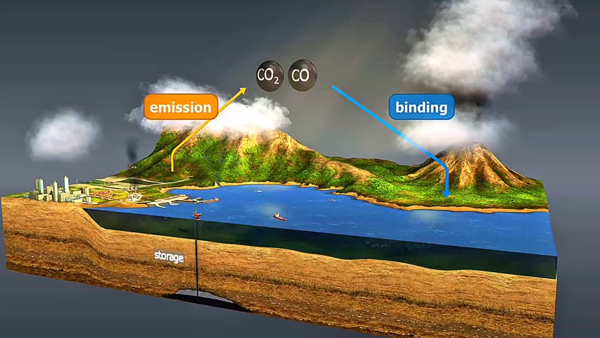 3D animation of carbon cycle binding mechanism showing carbon attachment in plants, oceans, soil, and rocks.