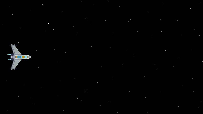 Looping pixel art of a spaceship flying in space with moving stars and central empty area for text or design elements.