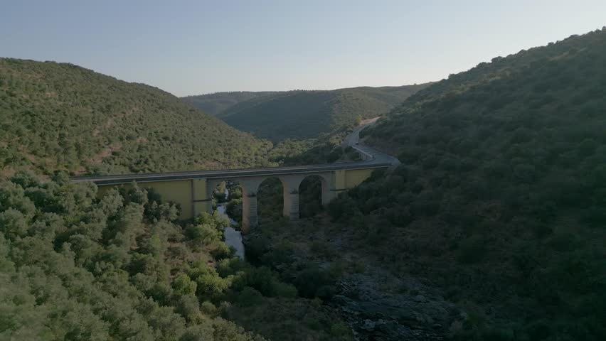 Aerial of Monheca Bridge, Warm Sunset, Portugal, Castelo Branco, Ladoeiro