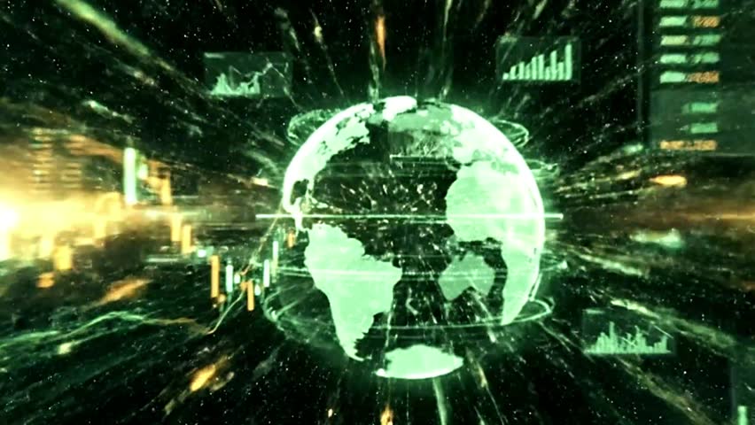 Ultra-HD 4K animation of global financial markets with 3D graphs, candlestick charts, rotating globe, and glowing market data in green and gold.