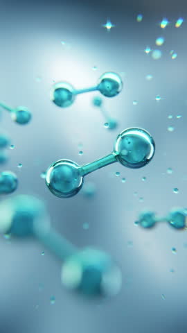 3D animation of hydrogen molecules (H₂) floating in fluid, representing clean energy and sustainable fuel technology of the future.