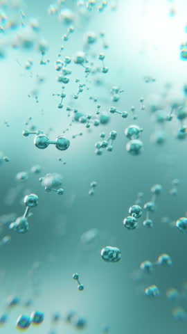 3D animation of hydrogen molecules (H₂) floating in fluid, representing clean energy and sustainable fuel technology of the future.