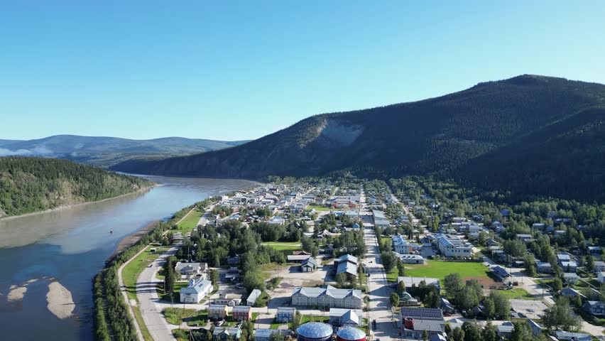 Dawson City in sumemr drone aerial