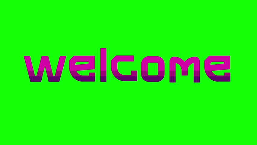 3D extrude text animation displaying the word WELCOME on a green screen background. Bold, dynamic design in seamless looping video, ideal for broadcast intros, streaming overlays, and video production