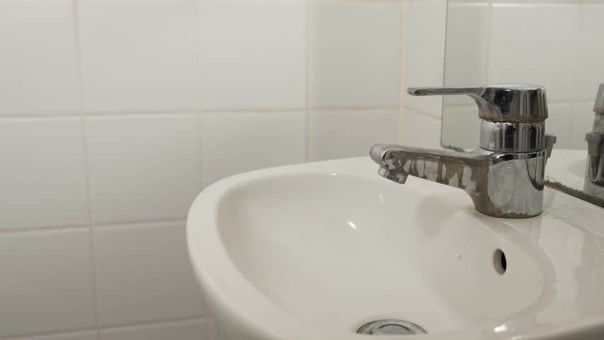 Turning On Bathroom Sink Tap. A hand turns on a bathroom faucet, releasing a gentle flow of water. Clean white sink and tiled wall.