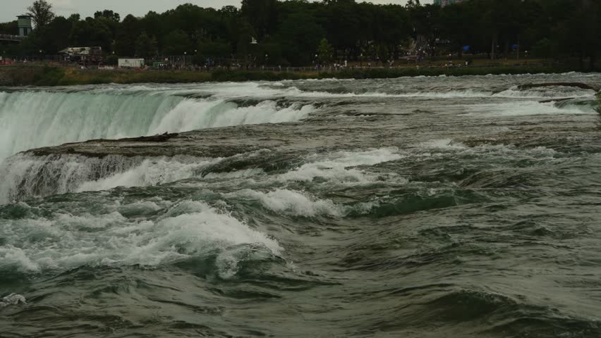 Churning rapids surge toward the brink of Niagara Falls, with crowds gathered along the riverbank to witness nature’s force.