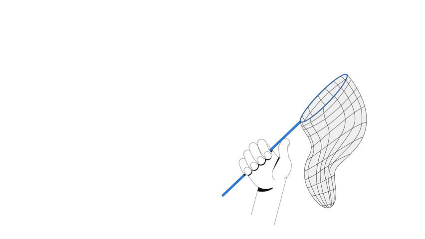 Hand swinging catching net 2D animation. Sweeping butterfly net catcher through air. Capturing tool, abstract pursuit animated cartoon arm human body part 4K video isolated on white transparent