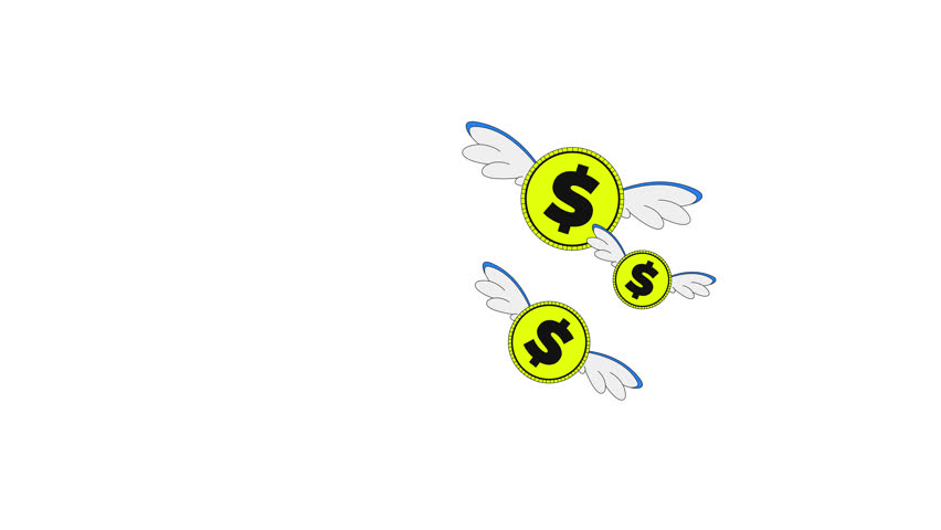 Flying dollar coins with wings 2D cartoon object animation. Floating currency through air. Money freedom. Spending concept. Economic metaphor animated flat colorful item 4K video isolated on white