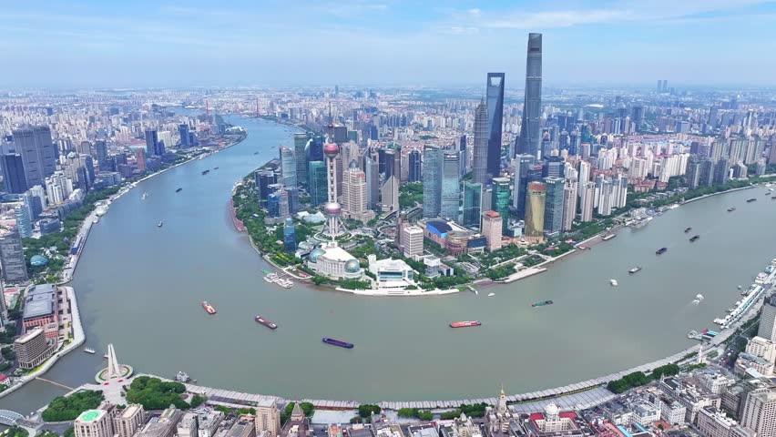 Shanghai, China - 5th June 2025 - Overlooking Shanghai Lujiazui skyscrapers from the Bund