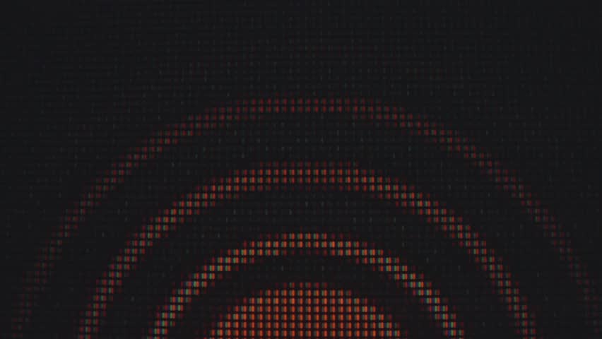 A digital abstract image featuring vibrant red and orange pixelated patterns on a dark background, creating a striking visual effect. Macro