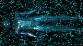 Abstract 3D human form with digital binary code texture. Concept: artificial intelligence, AI, digital space, Technology Interface,  Flowing Stream of Glowing Binary Code, retro futurism, eighties - Powered by Shutterstock - Get 15% off with code: PIKWIZARD15