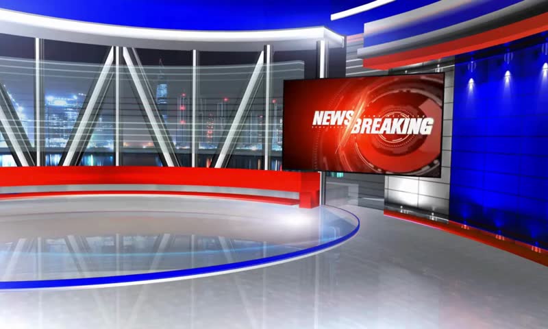 Modern virtual TV studio stage with blue digital screens, spotlights, and sleek design, ideal for news broadcasting, entertainment shows, and multimedia production, blending technology, communication,