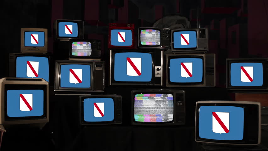 Campania Region Flag on Retro Televisions With Glitch and Static - 4K