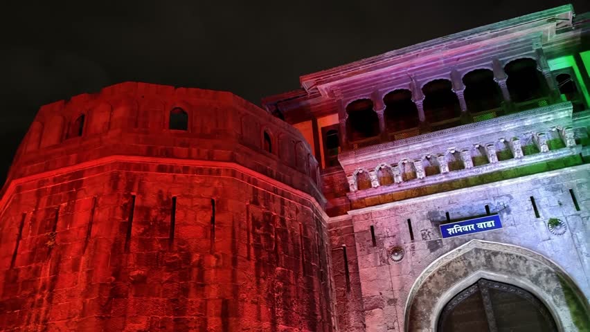 14 August 2025, historical fortification Shaniwar Wada illuminated in Indian tricolour in the city of Pune, India.