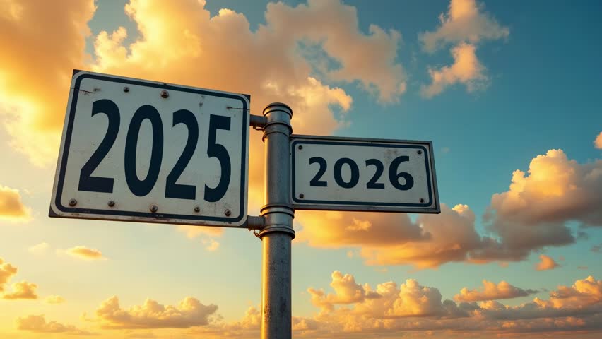 Years future planning forecast prediction destination direction crossroads decision point signpost 2025 2026 sky clouds