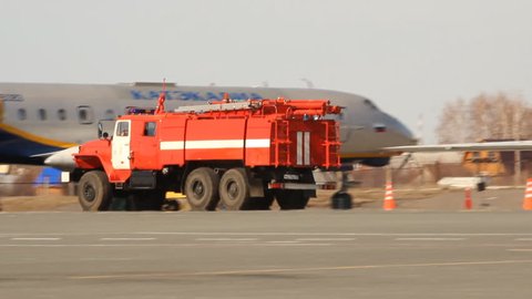 UFA, RUSSIA - APRIL 16: Fire engine in Ufa airport on April, 2013 in UFA, Russia.