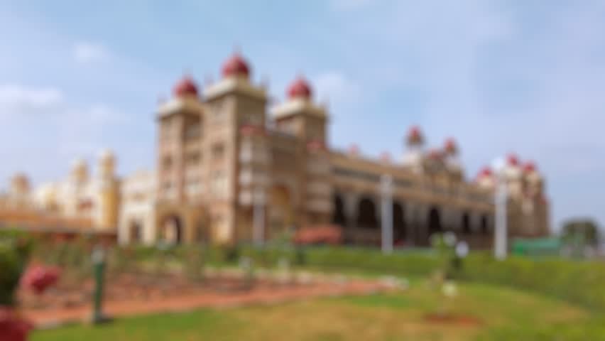 Bokeh view of Mysore palace in Mysore, India. Blurred background footage.