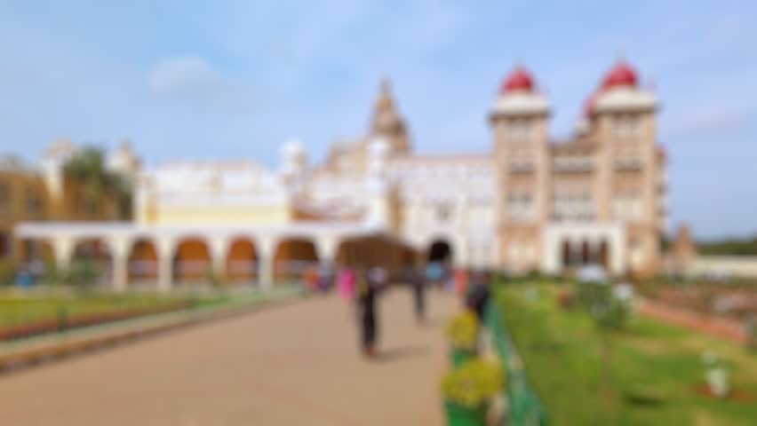 Bokeh view of Mysore palace in Mysore, India. Blurred background footage.