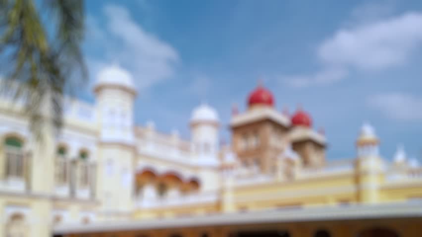 Bokeh view of Mysore palace in Mysore, India. Blurred background footage.