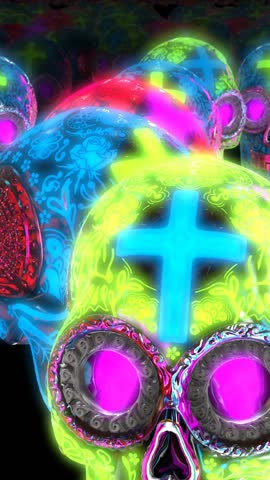 Seamless vertical video animation of neon glowing skulls. Cool Halloween background