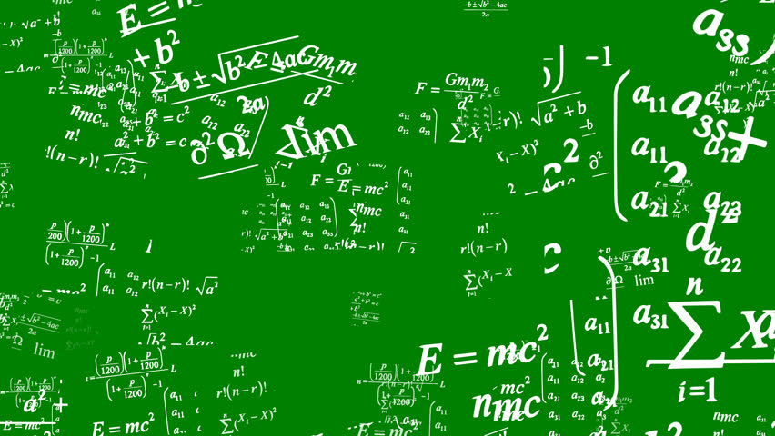 Math formula text flying on green background with formulas zooming toward, expressing intense thought and calculation with alpha channel 