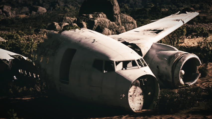Large sections of a crashed aircraft lie scattered in a rugged landscape. The wreckage shows signs of severe damage, surrounded by rocks and sparse vegetation, indicating a tragic incident.