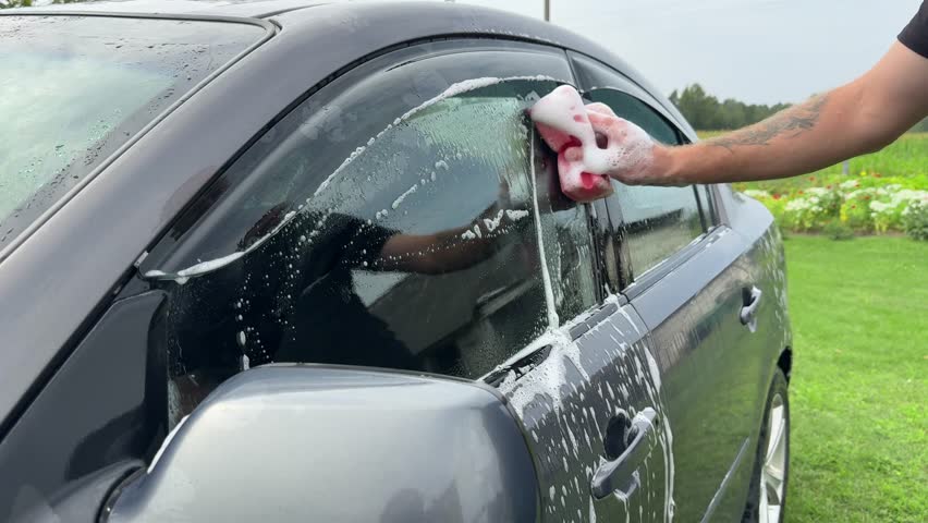 a hand with a washcloth and soap suds washes the hood of the car. Man washing car hood with washcloth and shampoo, auto covered with foam, car wash service. cleaning the black surface