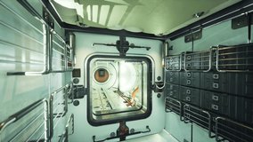 The interior of a space station module features storage compartments and an airlock. The sleek design emphasizes a functional workspace in low gravity. Sunlight filters through a porthole. - Powered by Shutterstock - Get 15% off with code: PIKWIZARD15