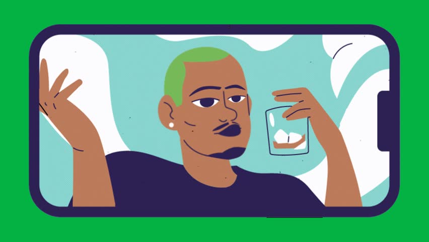 Man Drinking on Video Call Green Screen Animation Video for Virtual Gatherings, Online Communication, and Social Interaction