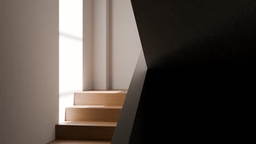 Modern staircase with sunlit steps creating dynamic shadows and minimalist design, ideal for architectural and real estate promotions, showcasing stylish interiors