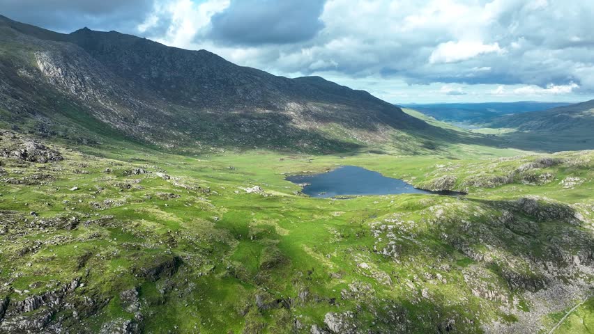 Stunning Aerial Landscape of Snowdonia, UK. Llyn Cwm llwchffynnon lake