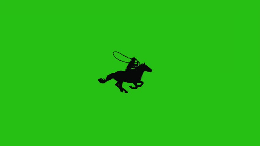 Cowboy silhouette, Silhouette one cowboy is riding horse on green screen, American cowboy with lasso on horse. Ranch, cattle breeding, rodeo symbol, cowboy and horse running silhouettes , Cowboys ride