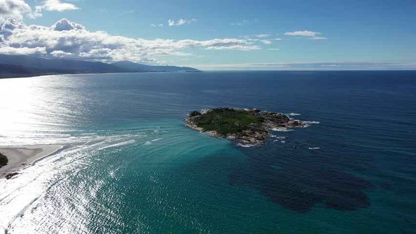 Redbill Beach Cod Rock Diamond Island Nature Reserve, Bicheno, Tasmania, Australia Aerial Drone 4K