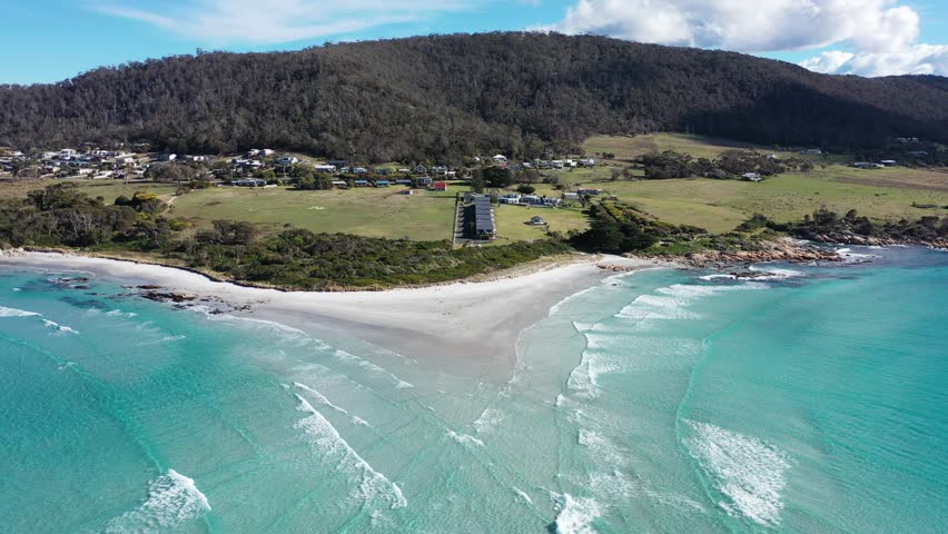 Redbill Beach Cod Rock Diamond Island Nature Reserve, Bicheno, Tasmania, Australia Aerial Drone 4K