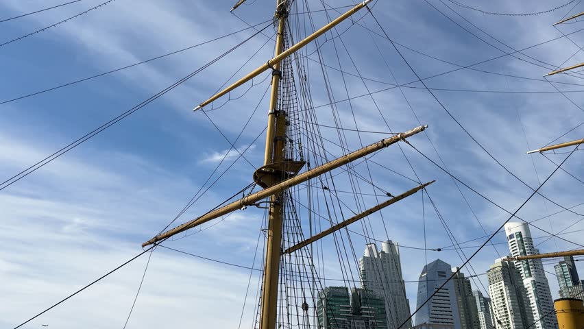 The Sarmiento Frigate Museum Ship In Puerto Madero, Buenos Aires, Argentina. Tilt-up Shot