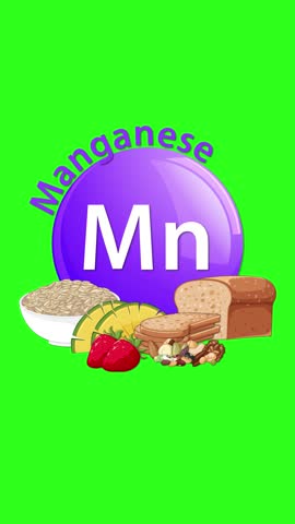 A vibrant animation reveals the manganese (Mn) symbol with its name, gradually surrounded by illustrated food sources, set against a bright green chroma key background