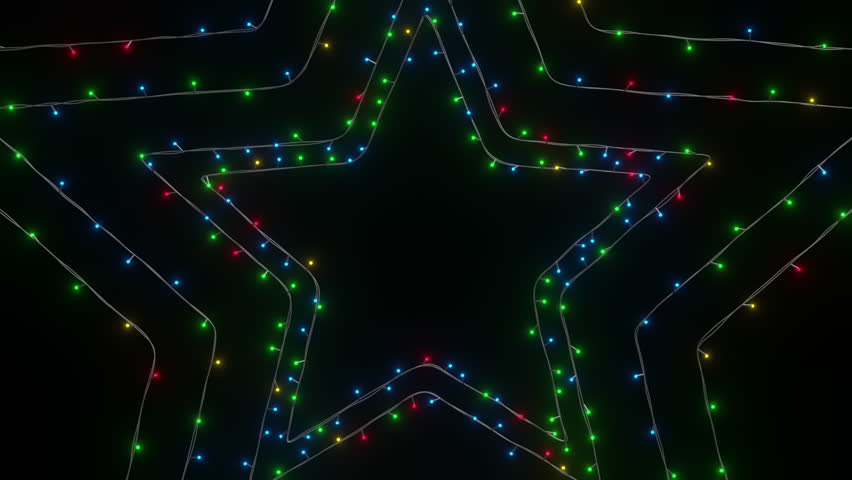 Glowing Christmas lights arranged in a star shape on a black background, featuring red, green, blue, and yellow bulbs. Ideal for festive banners, cards, party promos, and holiday designs.